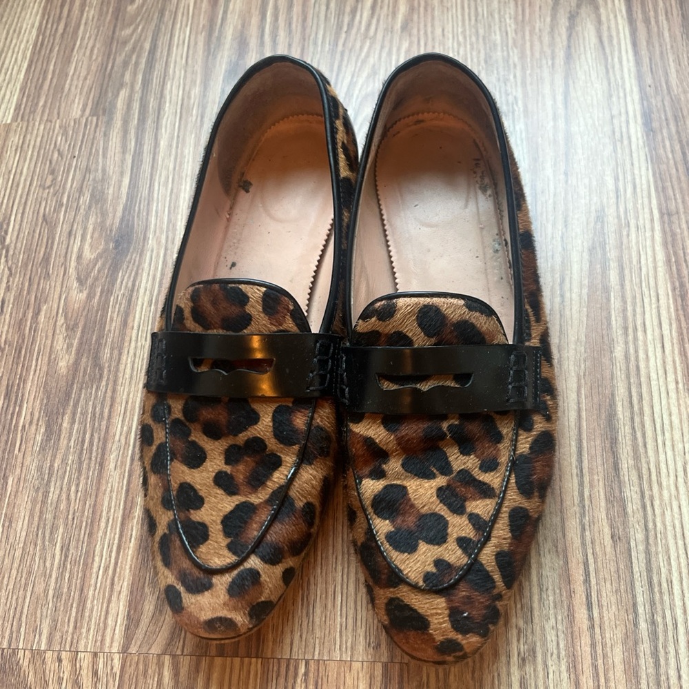 J.Crew leopard print “pony hair” loafers
